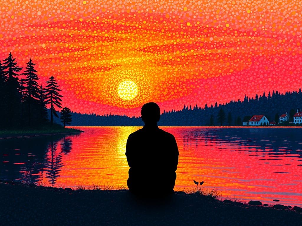 Pointillist Sunset Over Serene Lake with Lone Figure
