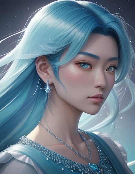 Stunning Anime Portrait of a Blue-Haired Asian Woman