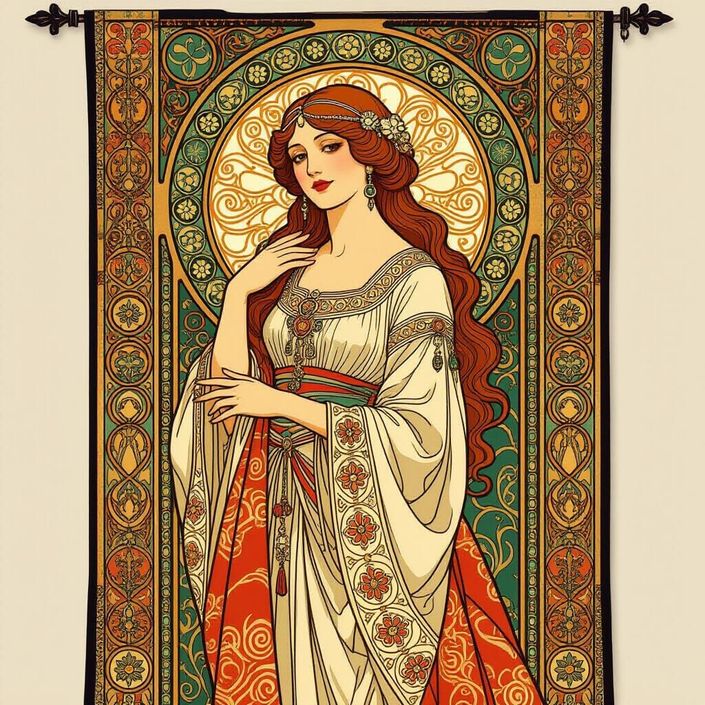 Ornate Tapestry of Woman in 1450s Attire