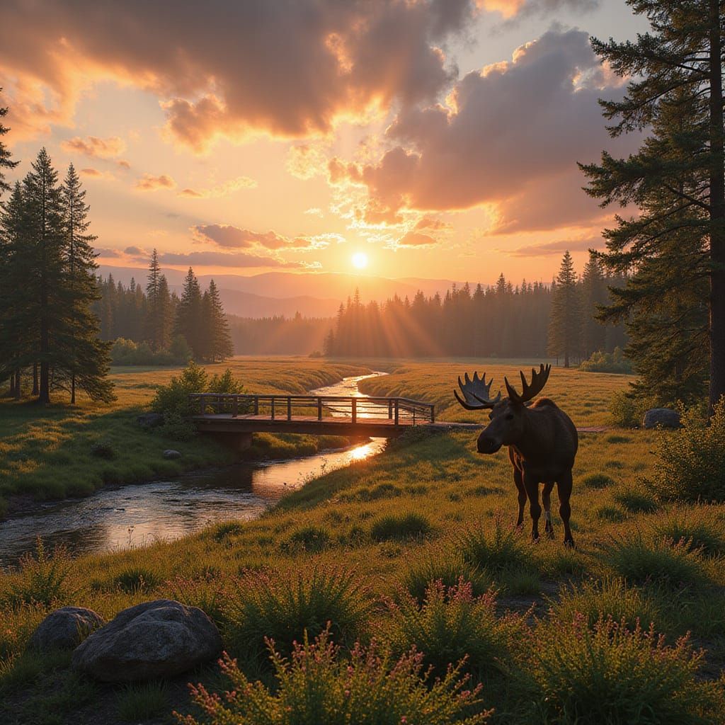 Moose in Spring Meadow at Sunset: Photorealistic Render