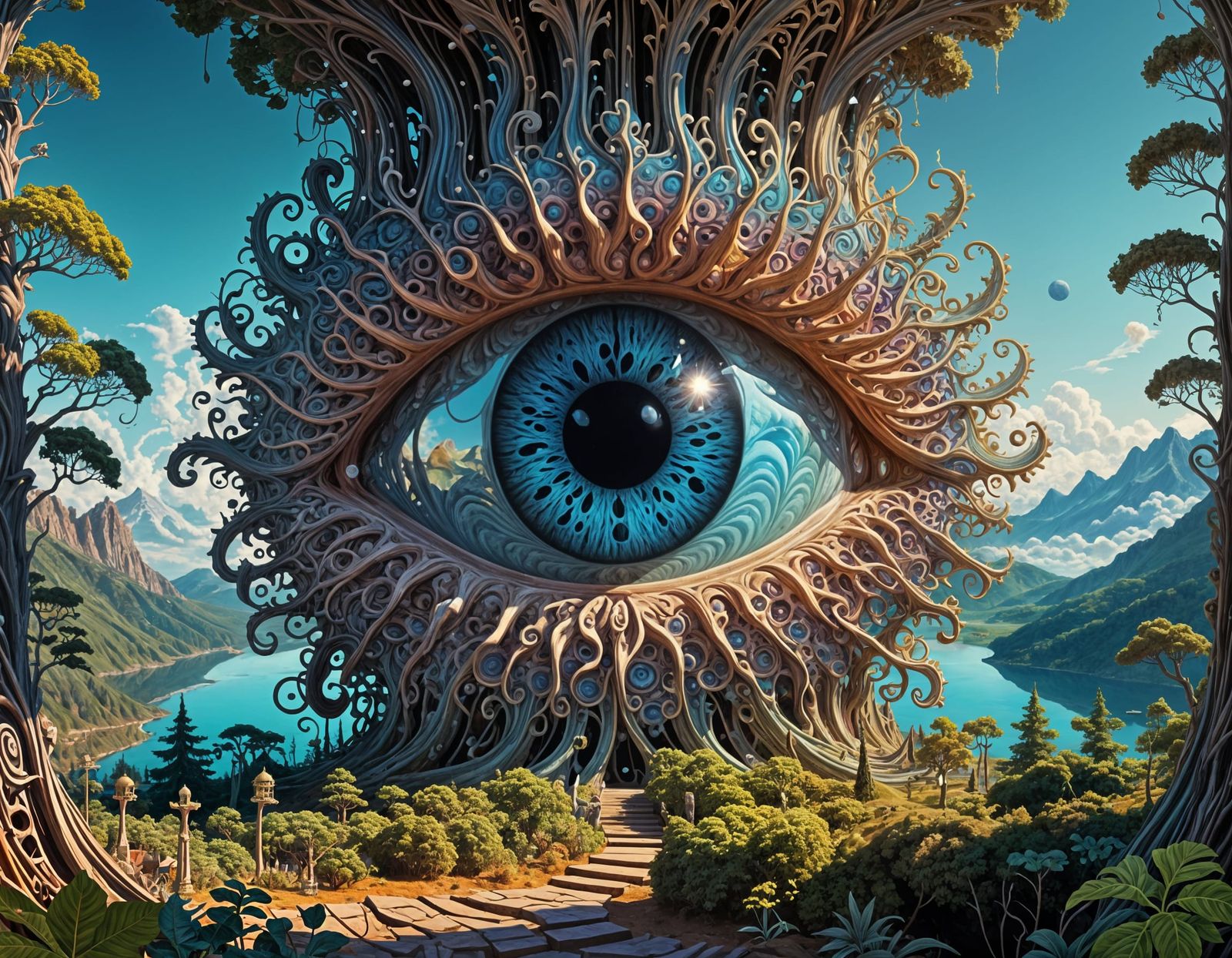 Majestic Fractals Meet Surreal Eyes in Cosmic Landscape