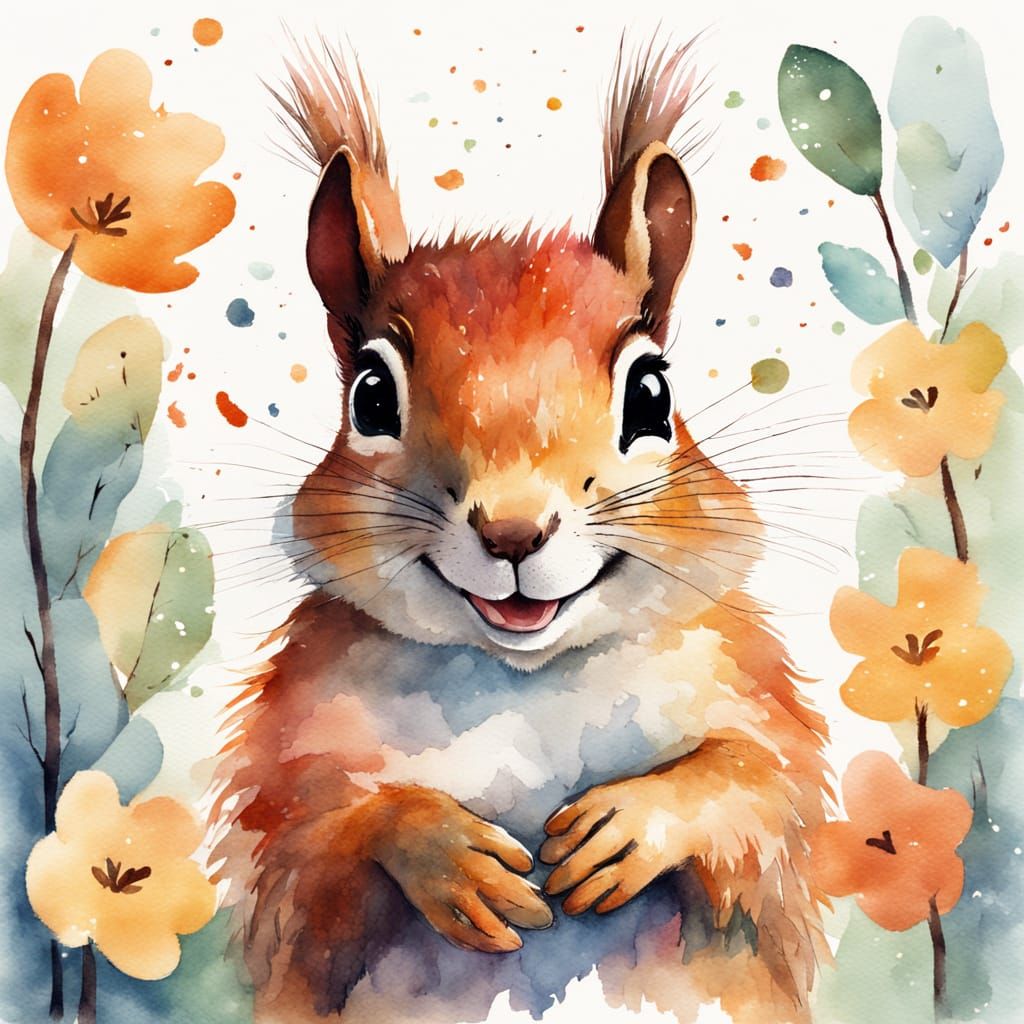 Whimsical Squirrel Laughing in Watercolor Style