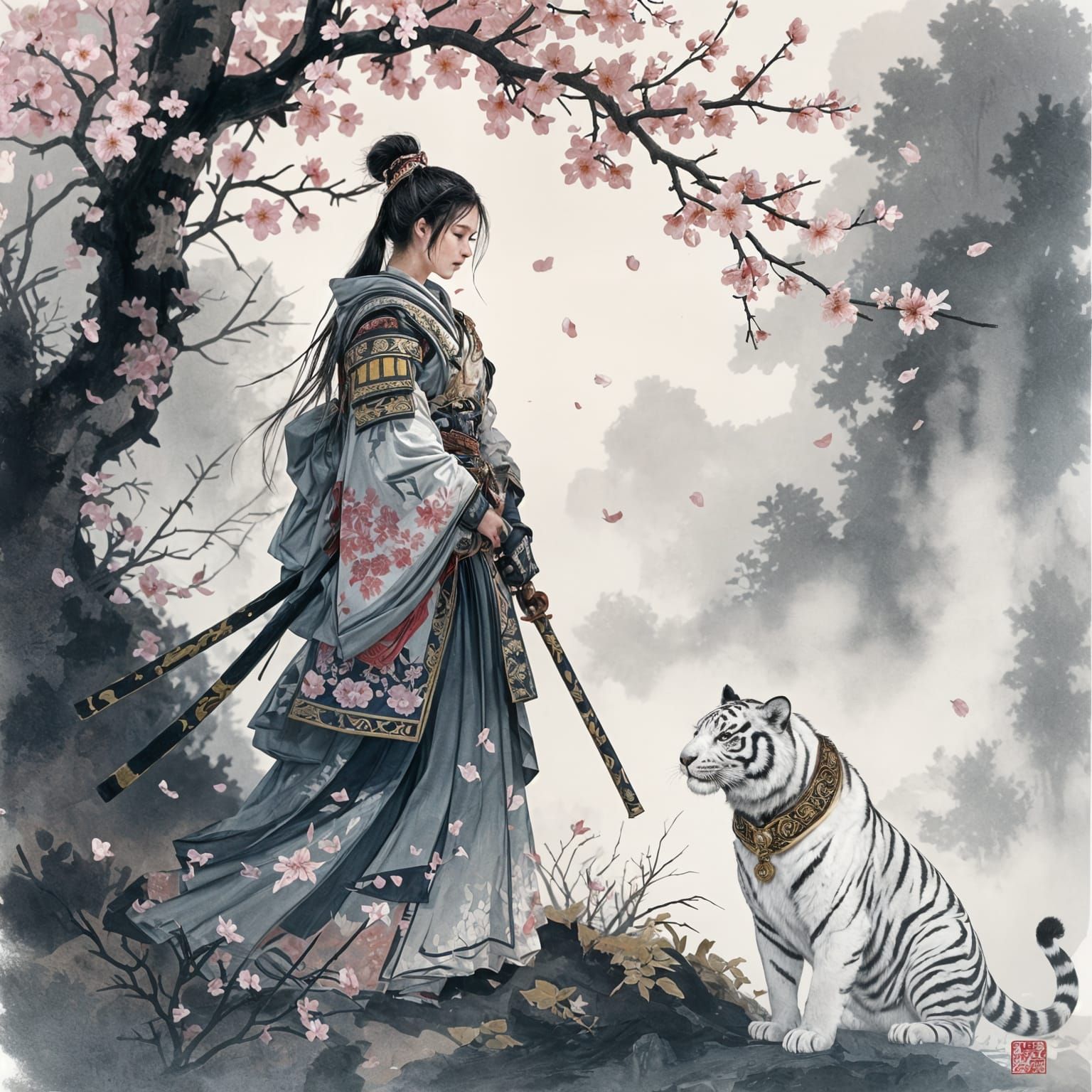 Samurai Warrior and White Tiger in Misty Forest