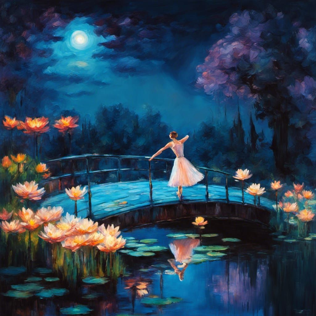 Ballerina Dances on Impressionistic Water Lily Pond