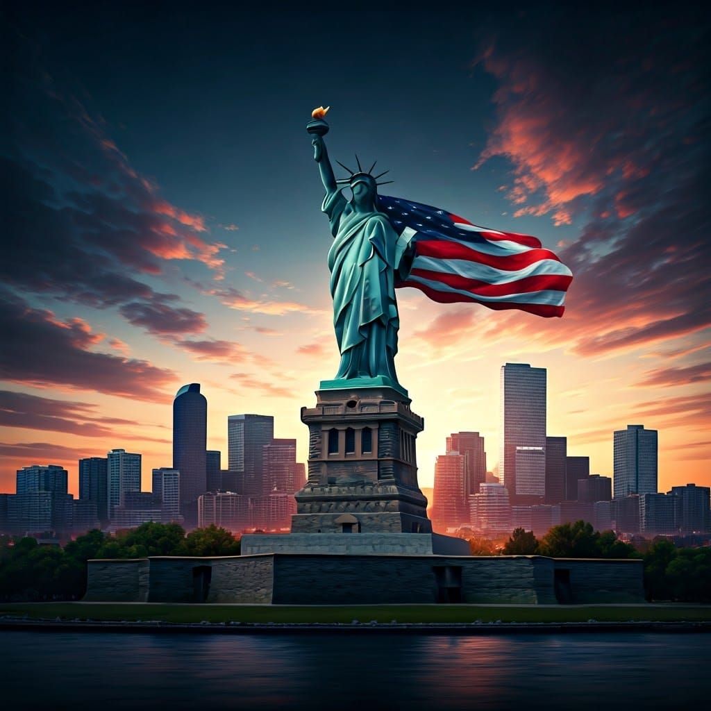 Statue of Liberty with Denver Cityscape at Dusk