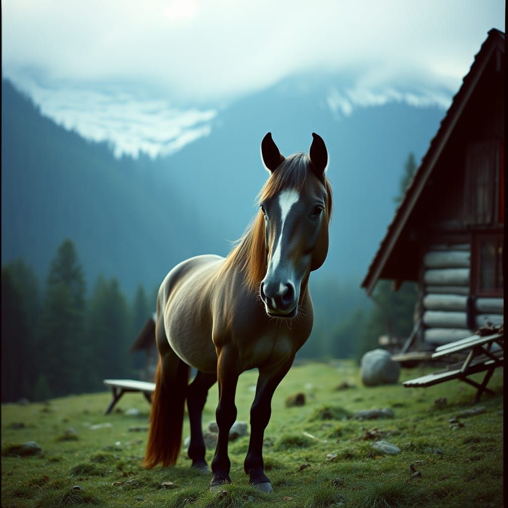 Cinematic Shire Horse Asks for Shelter in a Majestic Mountai...
