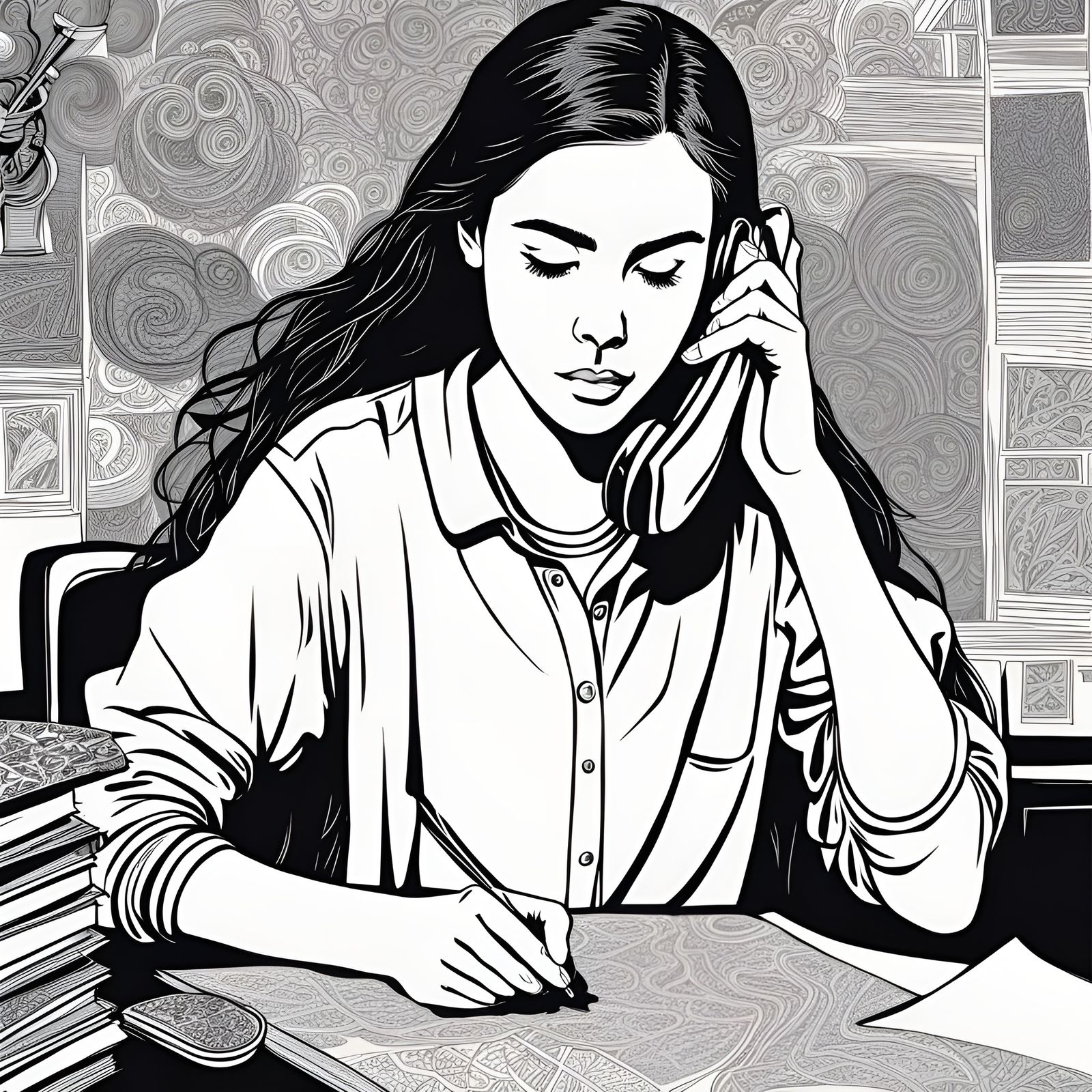 Teen Doodling Intricate Scribble Art Illustration