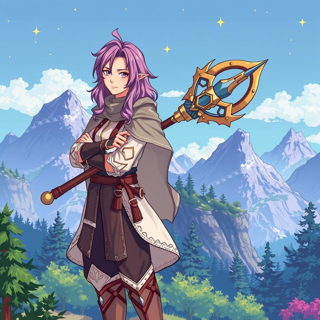 Illustrate a scene of a retro-styled JRPG (Japanese Role Playing Game) showing the female-presenting male protagonist. H...