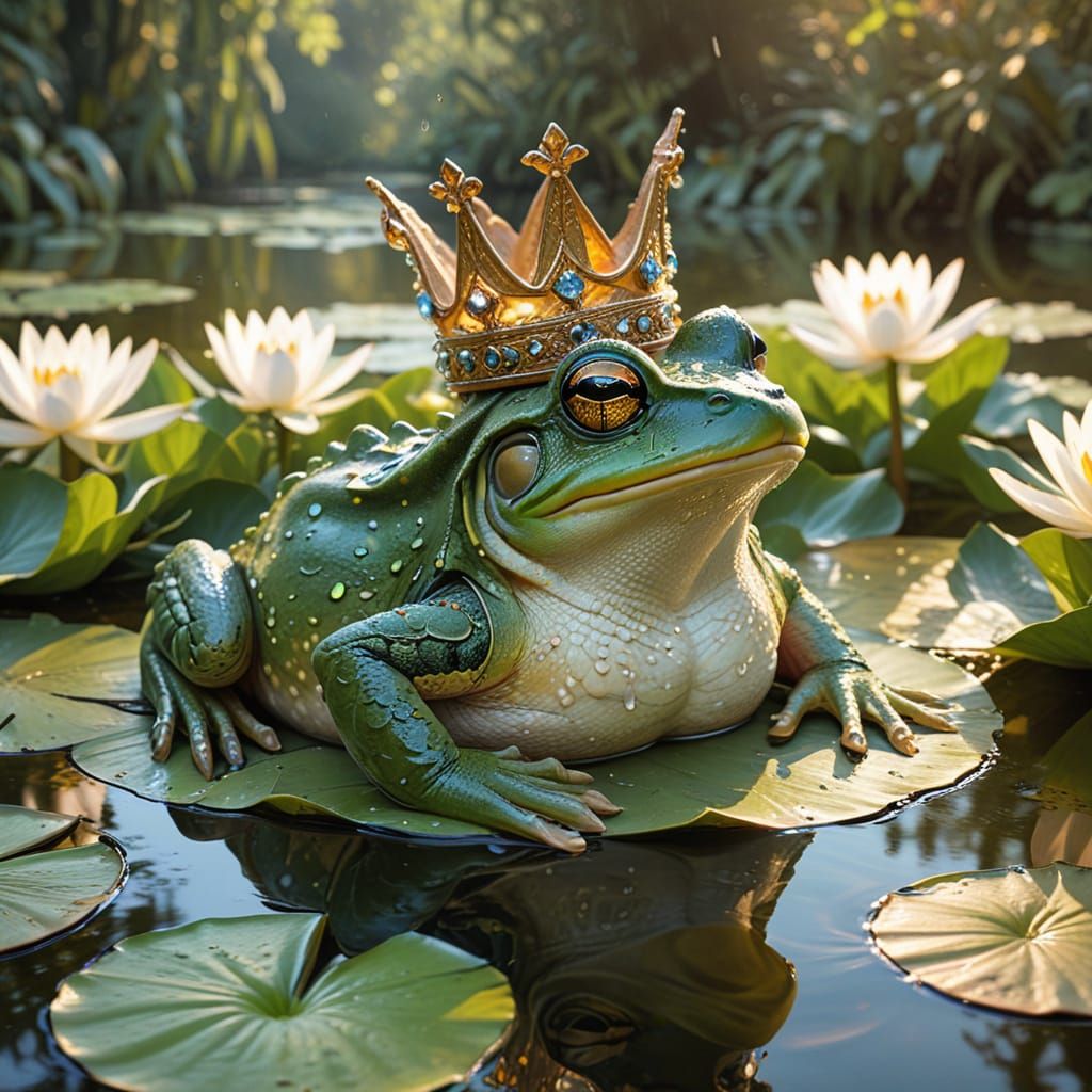 Whimsical Fantasy Portrait of a Frog Prince in a Serene Pond