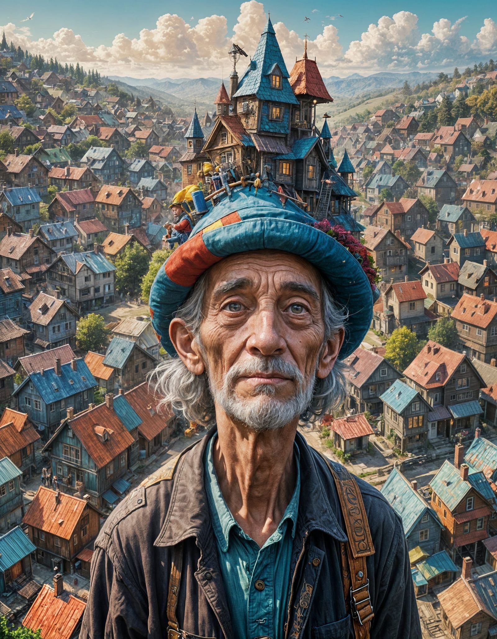 Giant in Crayon Caricature Wearing House Hat