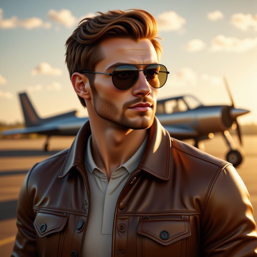 Handsome Pilot in Aviator Sunglasses on Sunny Airfield