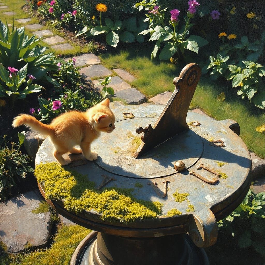 Ginger Kitten Plays With Sundial Shadow in Garden
