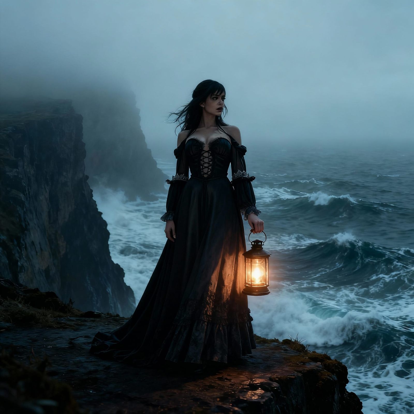 Victorian Woman on Foggy Cliff with Lantern