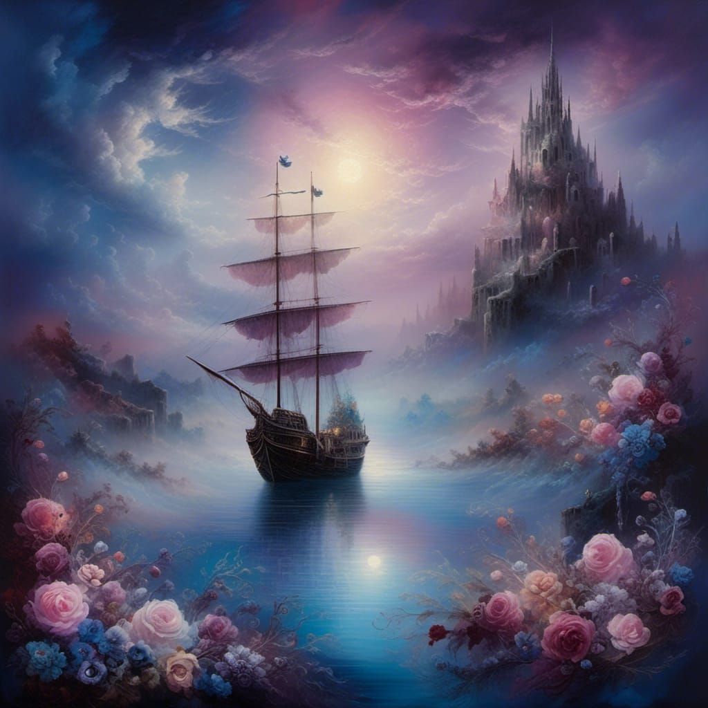 Mystical Ship Sails Archipelago Dreamscape as Oil Painting