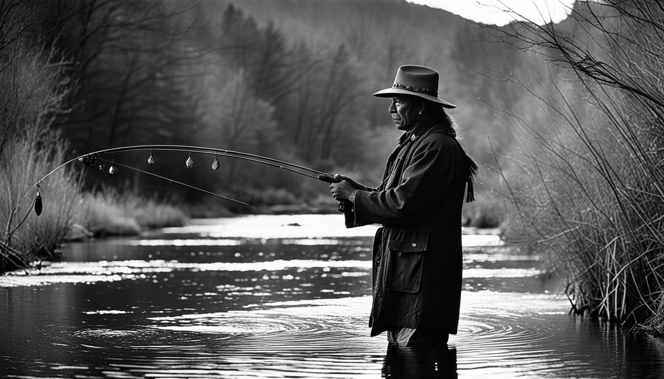 Native American Man Fishing in Stream, Vintage Photography