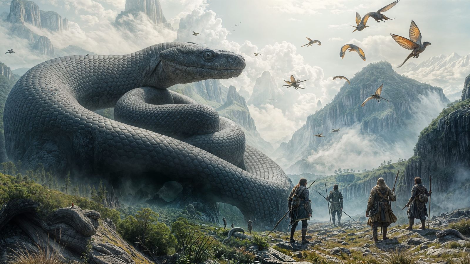 Epic Fantasy Landscape with Ancient Hunters and a Sleeping G...