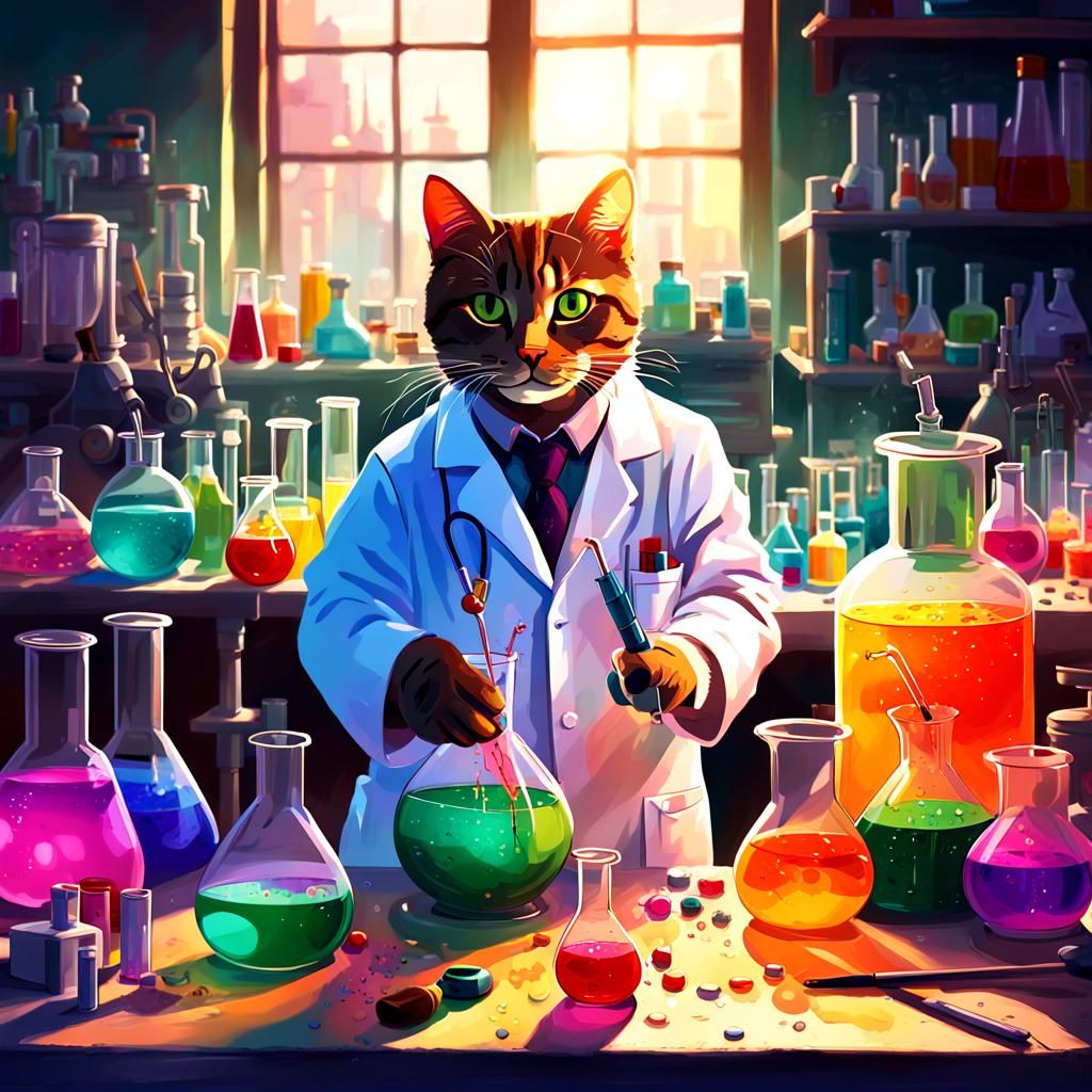 Feline Scientist Mixing Chemicals in Laboratory