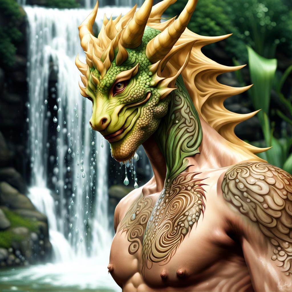 Henna Dragon-Man Under Spiral Waterfalls: Photorealistic Por...