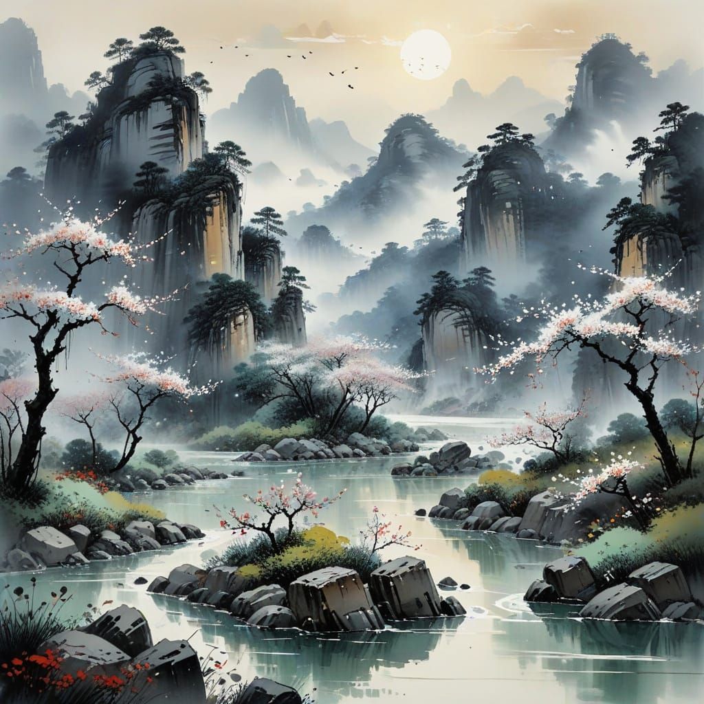 Serene Chinese Landscape in Soft Brushstrokes