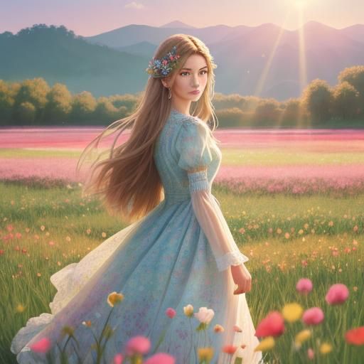 Girl in Flower Field: Vibrant Digital Art