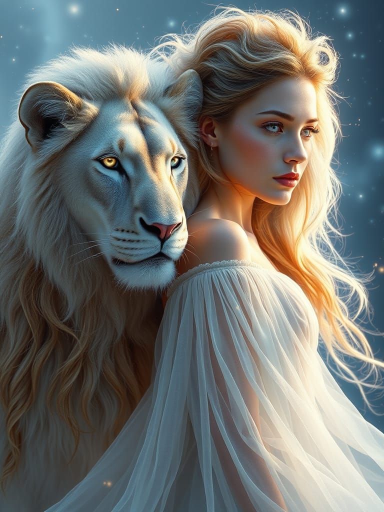 A serene Pleiadian woman with cascading golden-brown hair that shimmers like stardust, adorned in a flowing irridescent ...