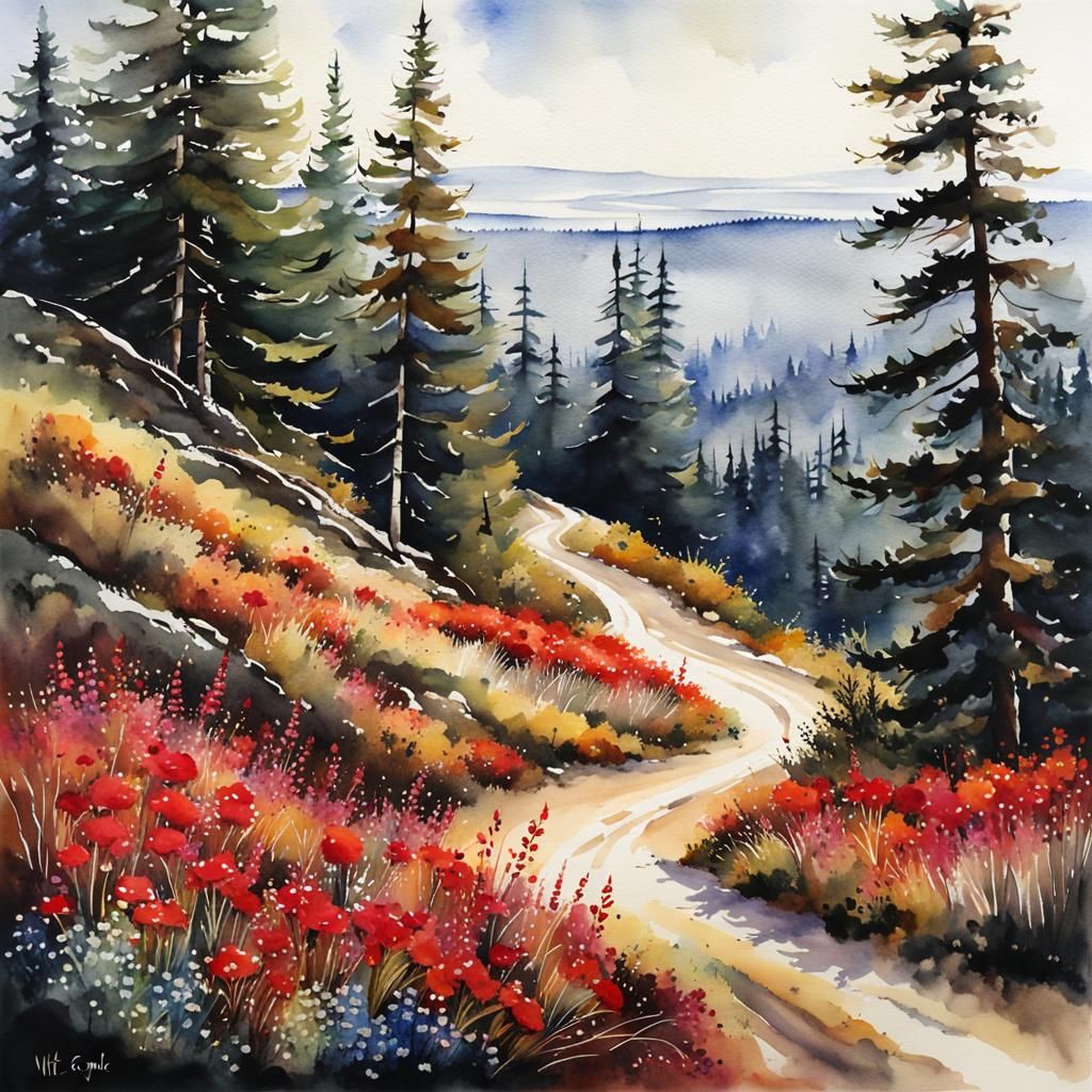 Watercolor Landscape with Forest Road and Wildflowers
