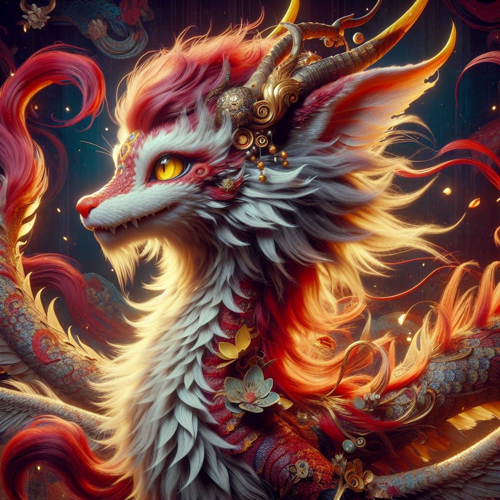 Majestic Anthro Dragon with Red Hair, Detailed Fur