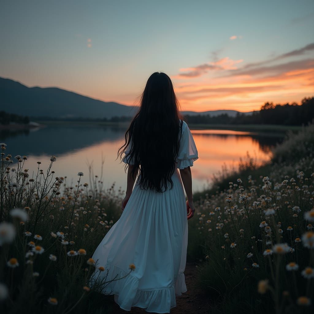 Twilight Stroll: Woman in Wildflower Field