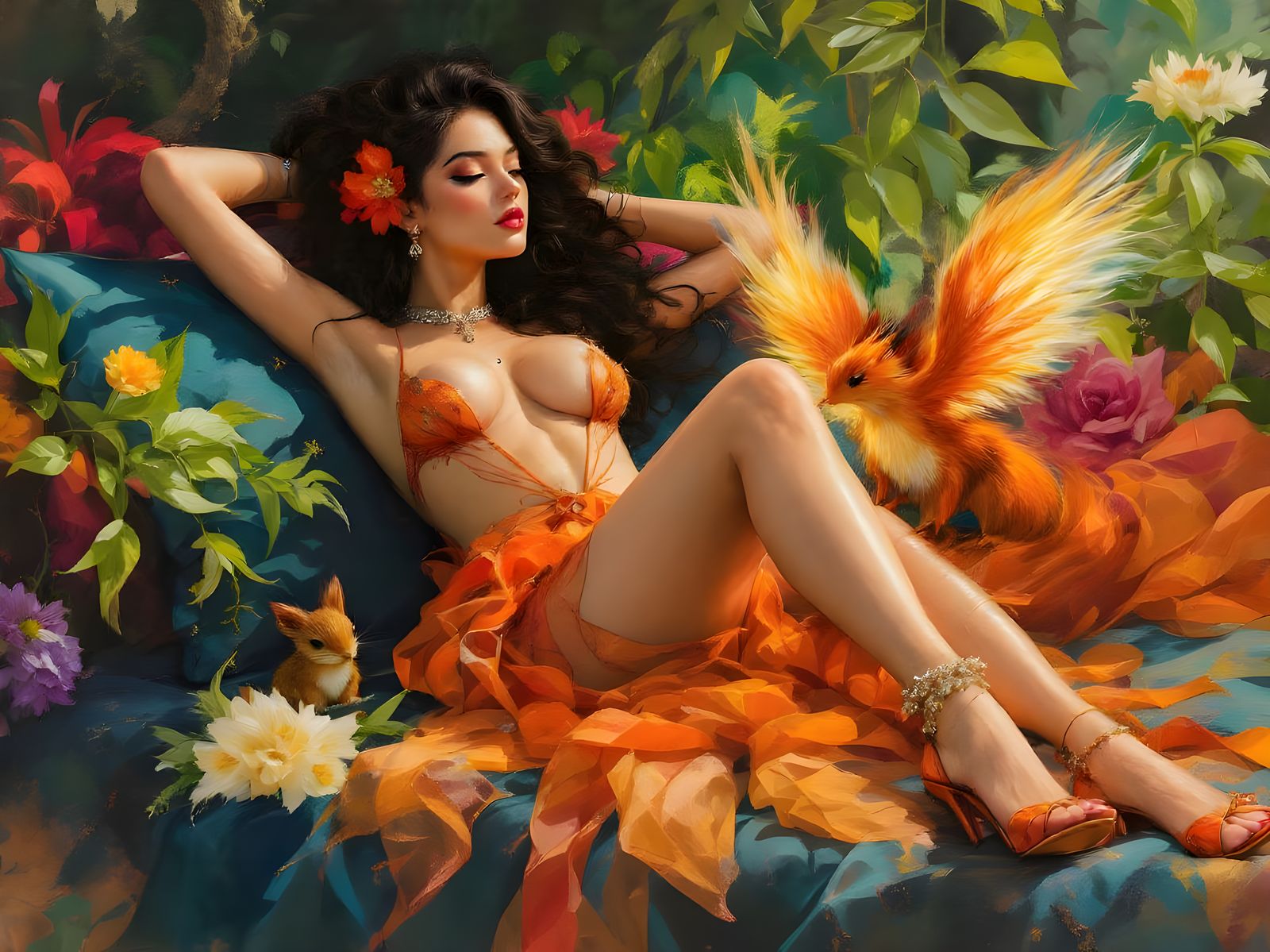 Lady Surrounded by Lush Greenery and Phoenix Squirrel