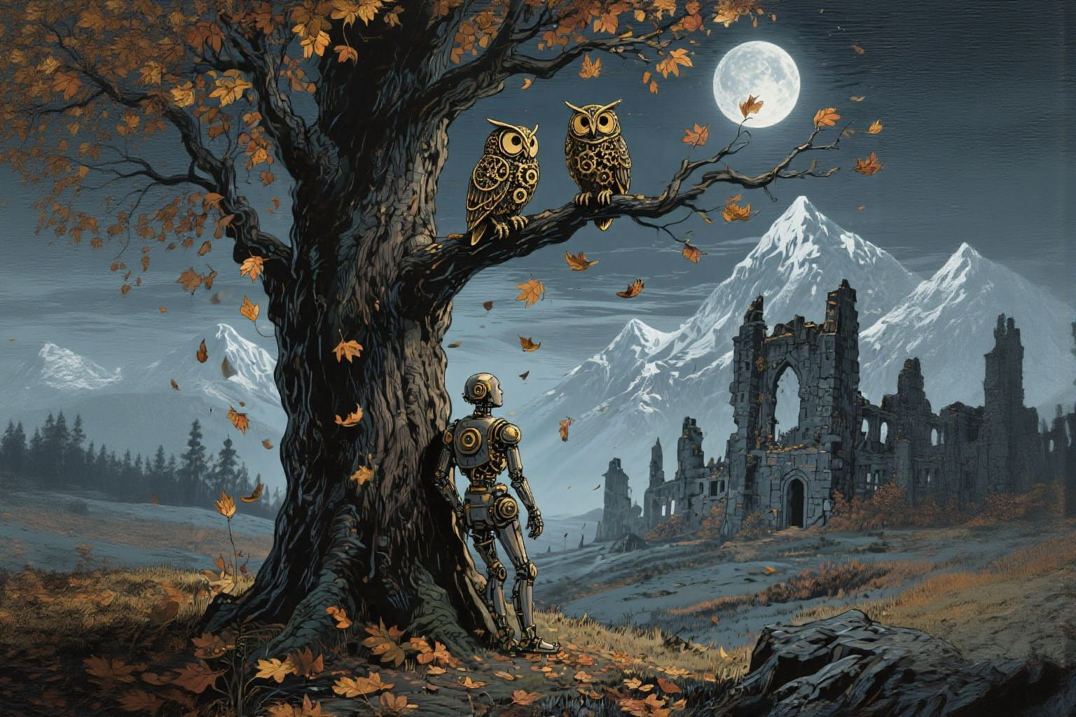 Steampunk Owls in Medieval Woodcut Autumn Scene