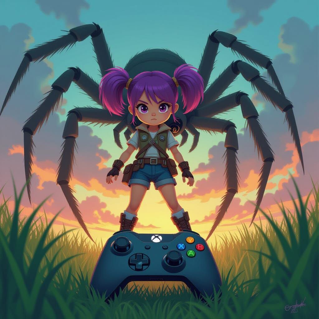 Girl on Xbox Controller in a Stylized Landscape