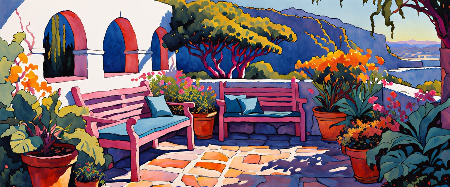 Vibrant Garden Oasis in Comic Book Watercolor Style