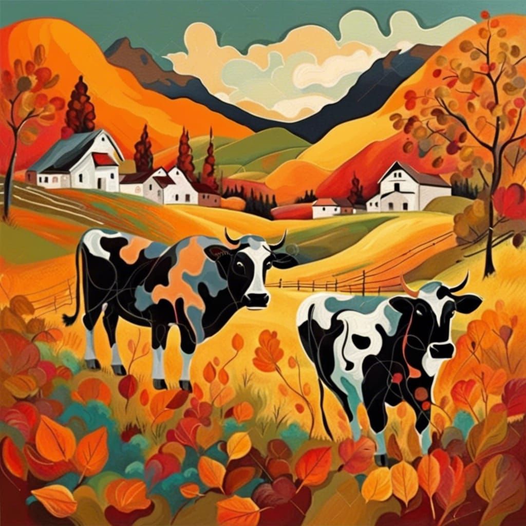 Mountain Village in Autumn Sunset, Abstract Art