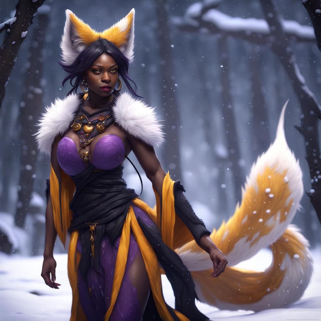 White Fur Kitsune in Snowy Dark Fantasy Style