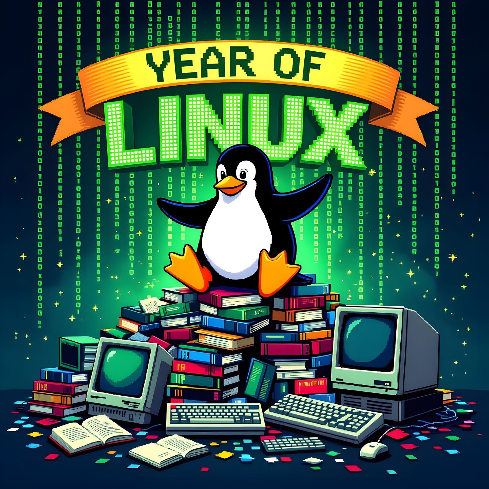 Triumphant Tux in 8-bit Retro Pixel Art