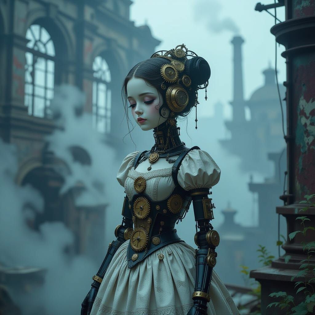 Ethereal Automaton Girl in Forgotten Steampunk City