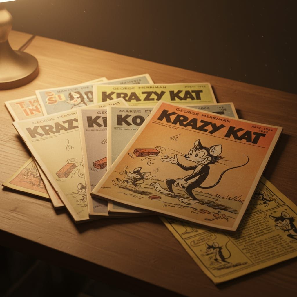 Krazy Kat and Ignatz Mouse Comic Magazines in Warm Light