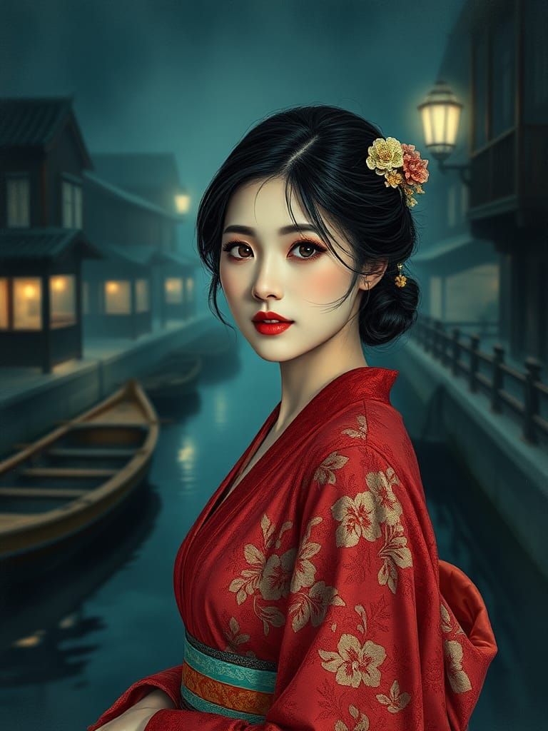 Ukrainian Japanese Woman in Sepia Vintage Canal Scene