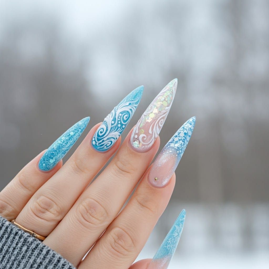 Winter Nail Art: Icy Blue Stiletto Design