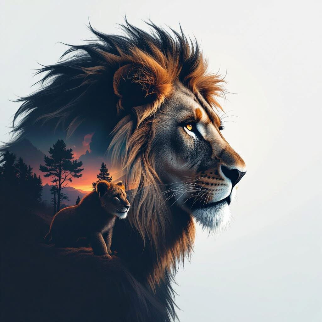 Lion Silhouette with Cubs in Double Exposure Style