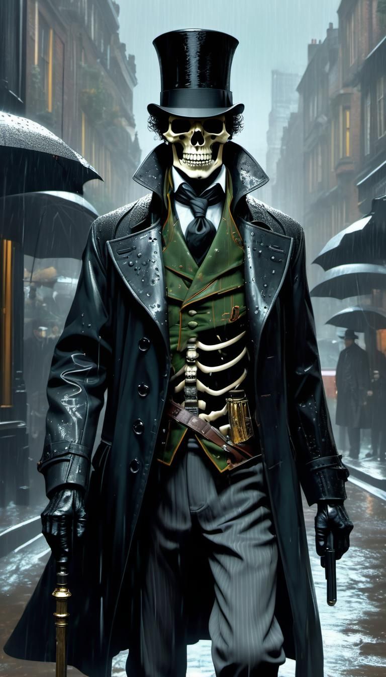 Skeleton Sherlock Holmes in Noir Street Scene