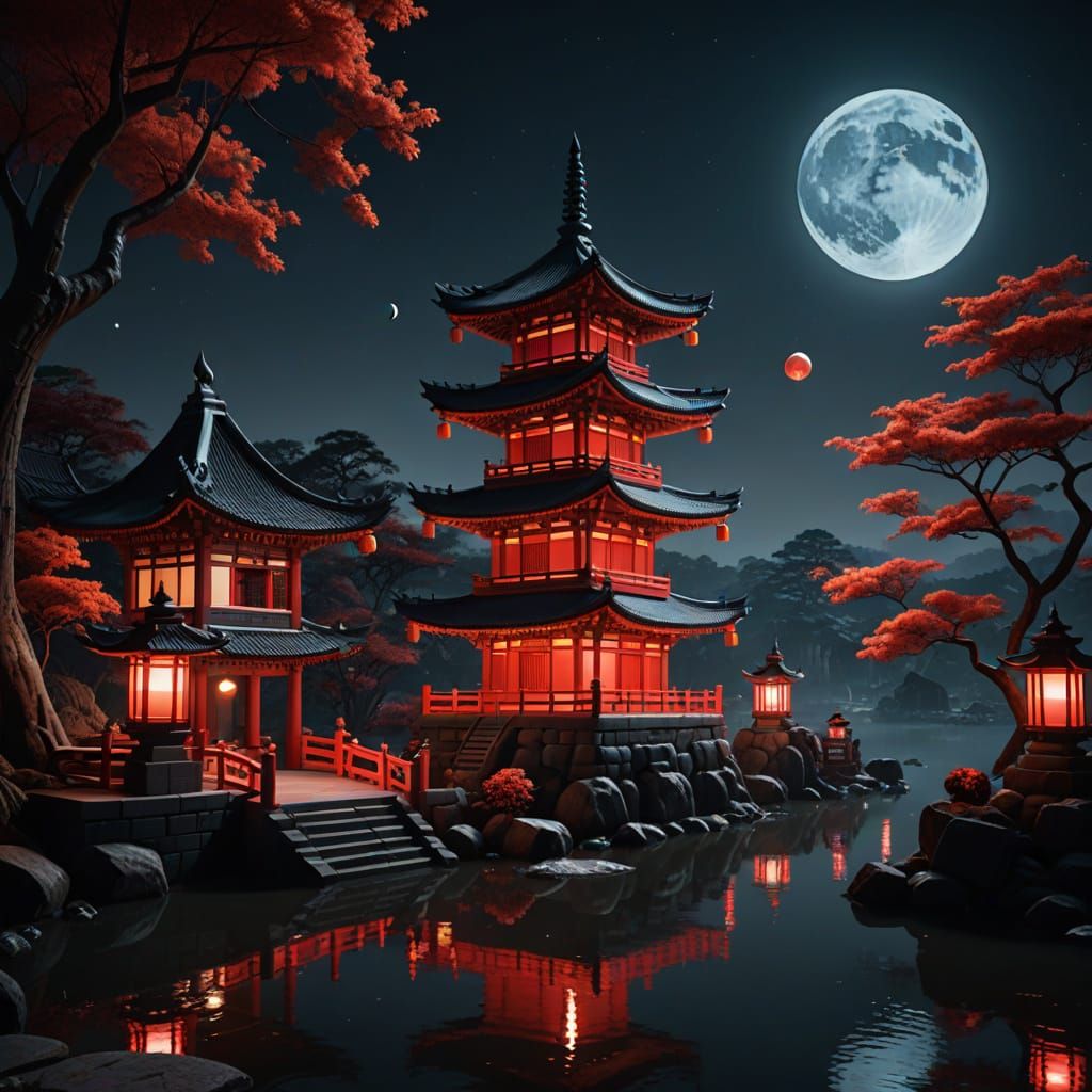 Fantasy Pagoda by Moonlit River, Matte Painting Style