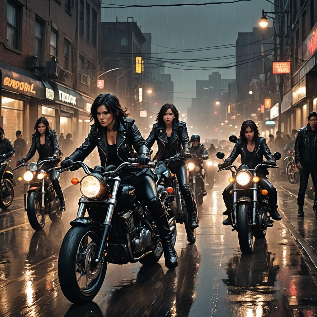 Female Bikers in Rain-Soaked City, Cyberpunk Aesthetic