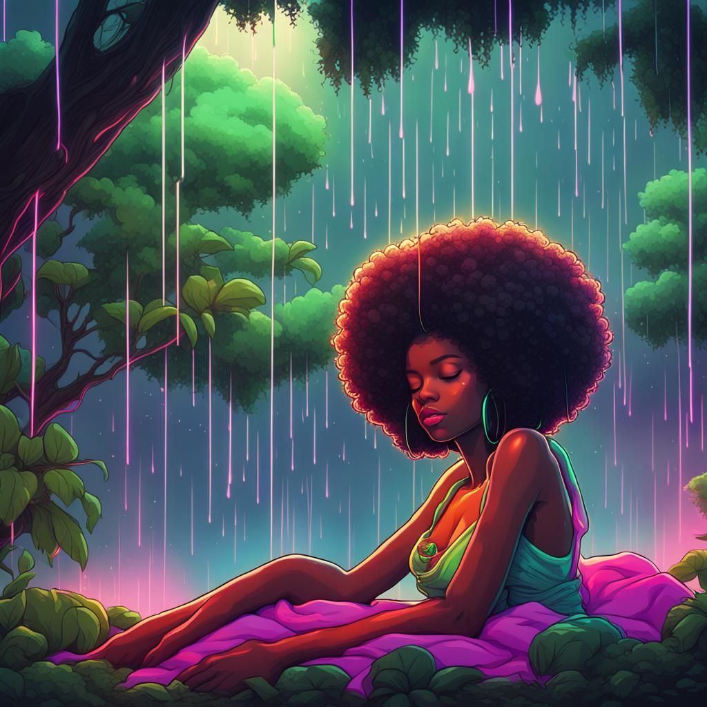 Synthwave African Fairy Sleeping in the Rain