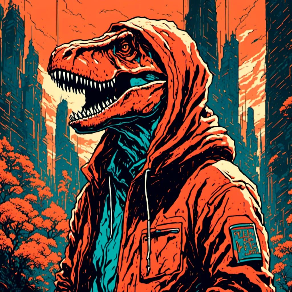 Anime T-Rex in Hoodie: Colorful Character Art