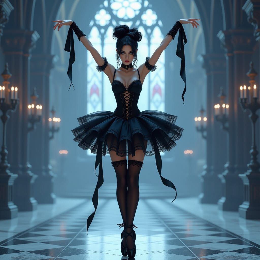 Gothic Faerie Dancer Before Cathedral, Dark Fantasy Art