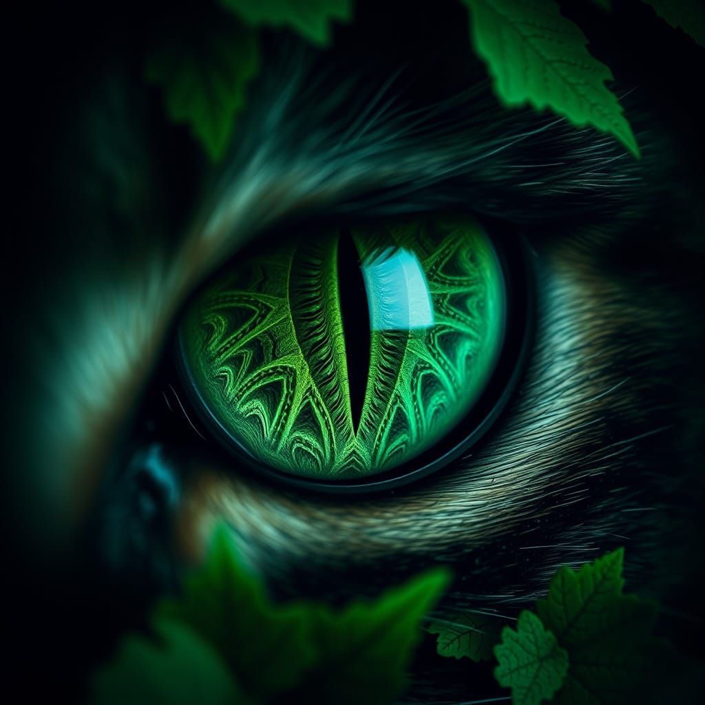 Surreal Close-Up of Feline Eye in Dark Forest