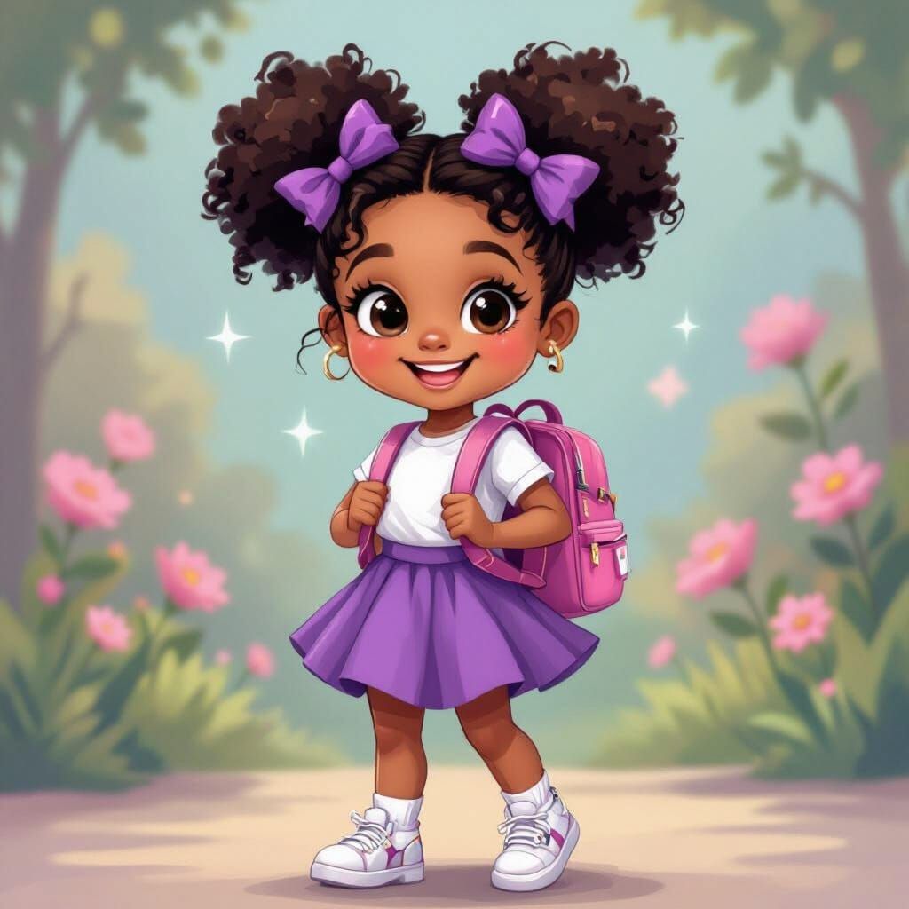 Charming Chibi Girl with Purple Bows and Pink Backpack
