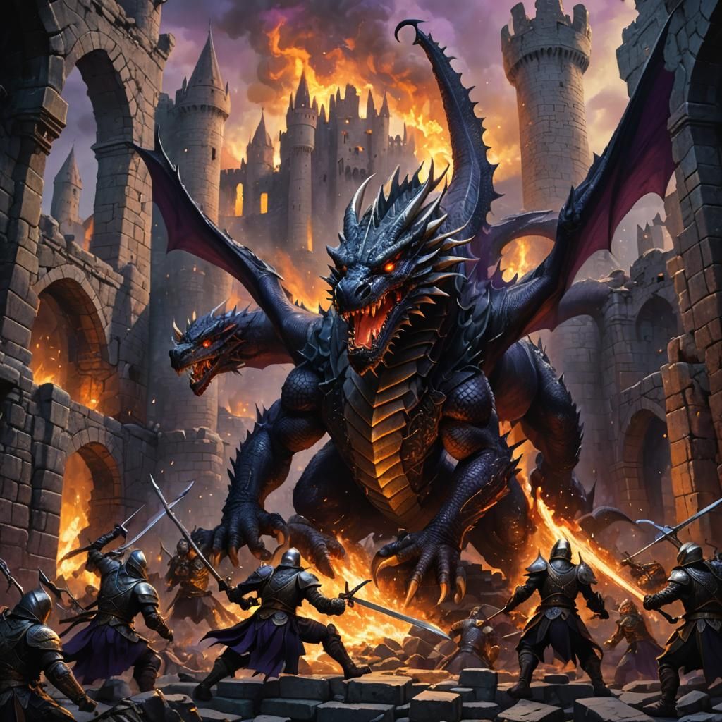 Dragon Battle in Ruined Castle, Dark Fantasy Art
