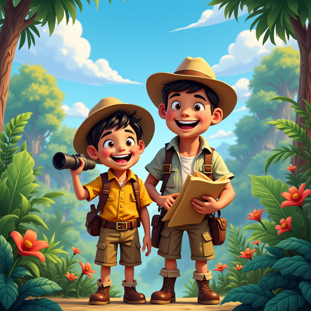 Cartoon Jungle Safari Adventure with Father and Son